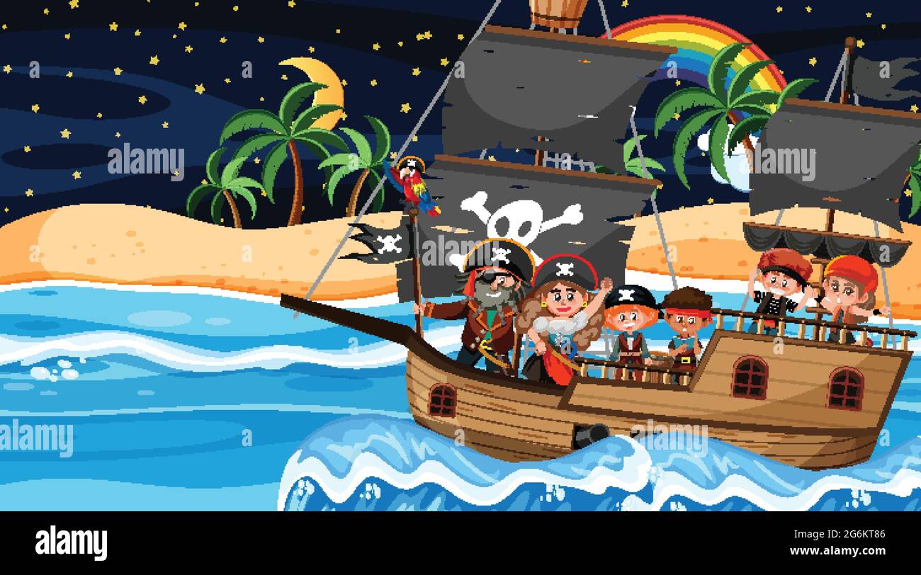Treasure Island scene at night with Pirate kids on the ship ...