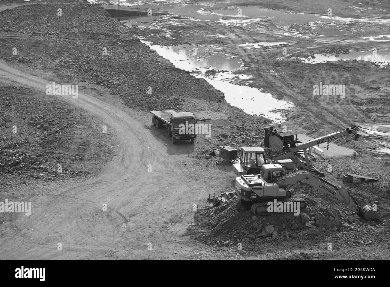 Site construction photo, at Sardar Sarovar Dam, Kevadia, Gujarat, Black and White image Stock Photo