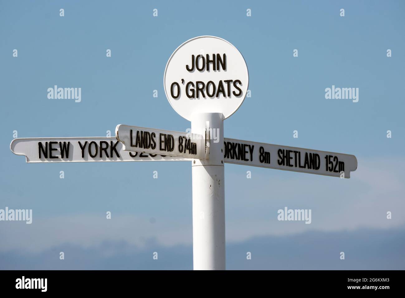 Tourist sign post at John'O Groats,  Caithness Scotland, the most northerly inhabited place on the British mainland. Stock Photo
