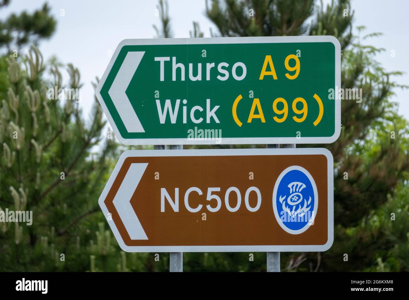 Road sign on the North Coast 500 tourist route, John 'O Groats, Caithness, Scotland. Stock Photo