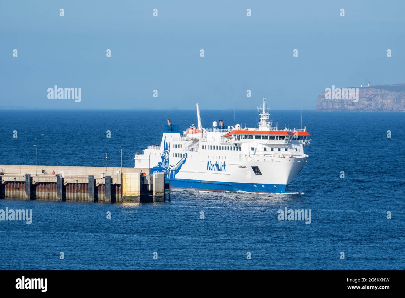 Northlink ferry arriving into Scrabster harbour, Thurso, Caithness, Scotland. Stock Photo