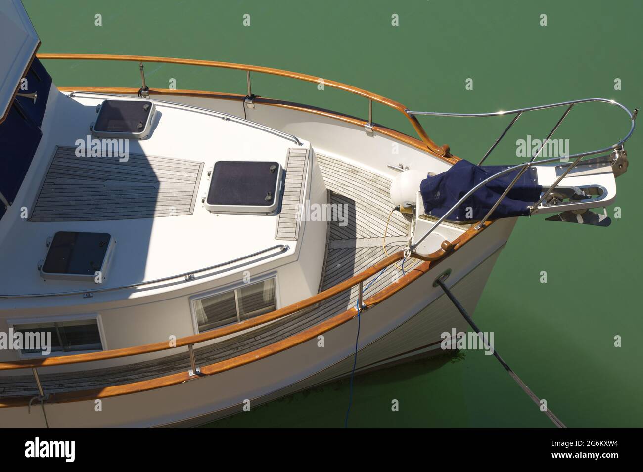 Prow and deck of motor yacht moored at Marina, Brighton, East Sussex, England Stock Photo