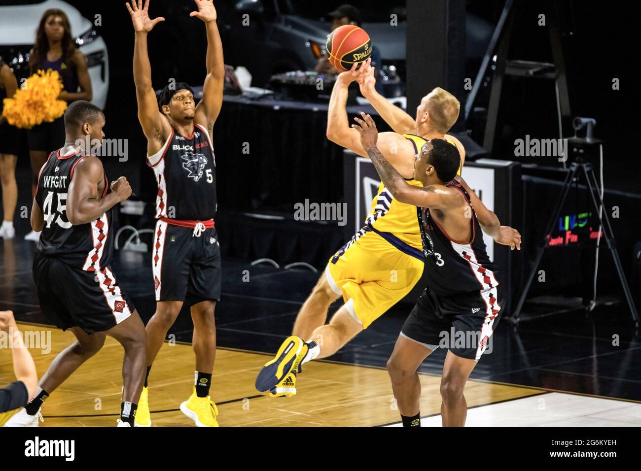 Edmonton, Canada. 05th July, 2021. Jordan Baker (8) of Edmonton Stingers  seen in action during the 2021 Canadian Elite Basketball League between The  Ottawa Black Jacks and The Edmonton Stingers at Edmonton