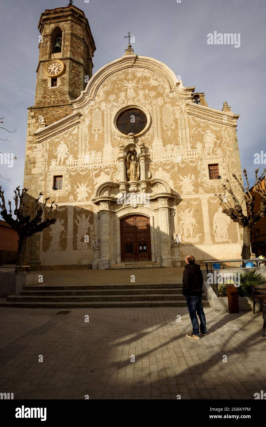 Sgraffito facade of the Sant Celoni church (Vallès Oriental, Barcelona, Catalonia, Spain) ESP: Fachada esgrafiada de la iglesia de Sant Celoni, España Stock Photo
