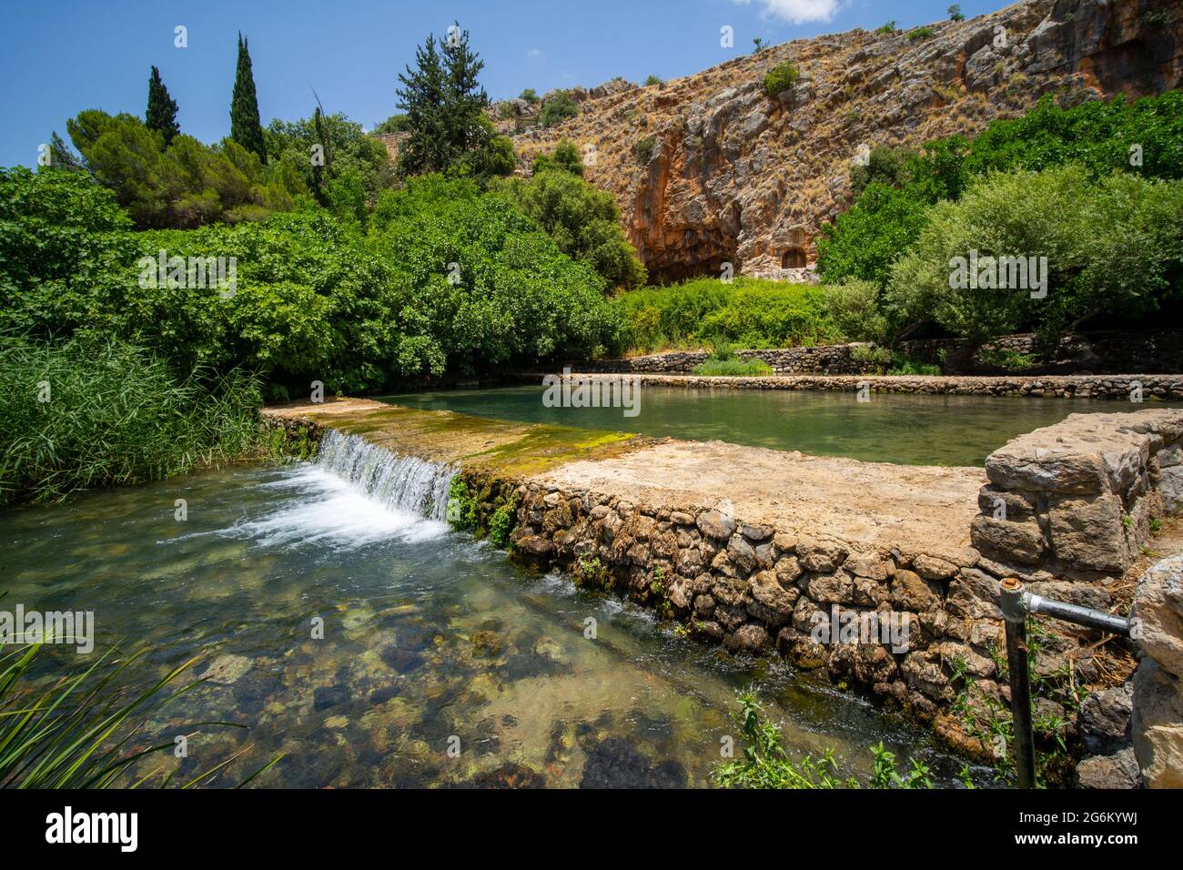 Banias Spring and Stream (Banias River or Hermon River) Golan Heights, Israel This spring is one of the sources of the River Jordan Stock Photo