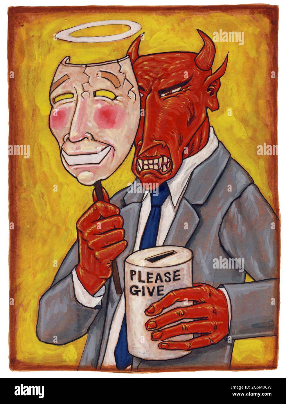 Concept art illustration devil with charity collecting tin hiding behind a saint mask reflecting scam charities, charity fraud, charity abuse of trust Stock Photo