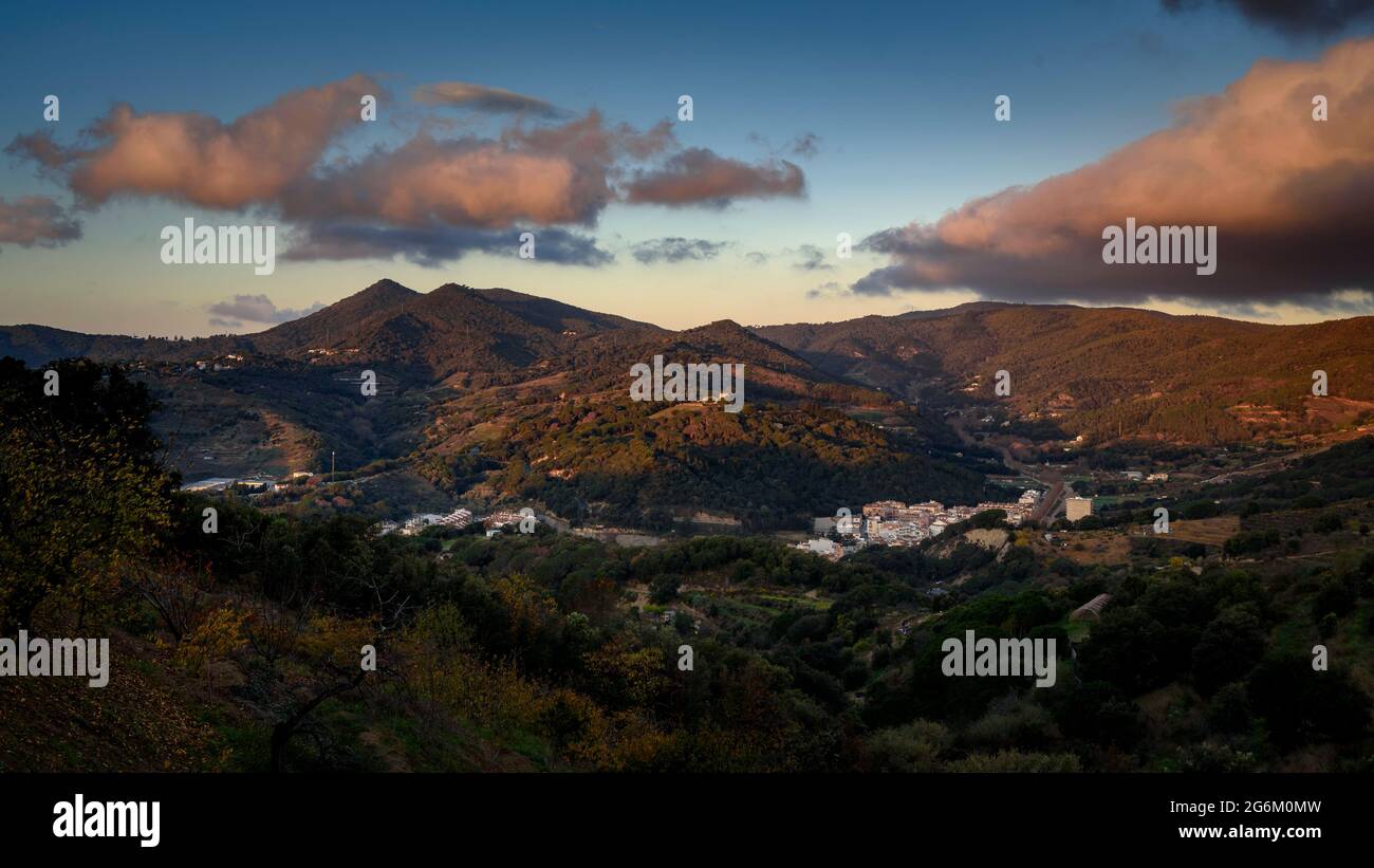 Sunrise in the Arenys de Munt mountains, between the Corredor and Montnegre hills (Maresme, Barcelona, Catalonia, Spain) Stock Photo