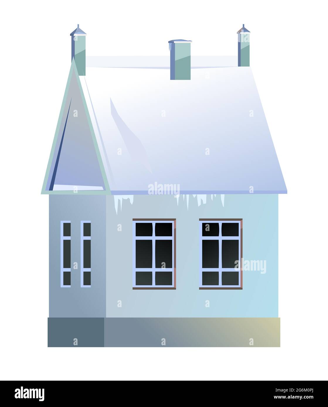 Country house. Winter season. Blue. The roof is covered with snow. Gable roof outbuilding. Nice and cozy suburban private home. Flat cartoon style Stock Vector