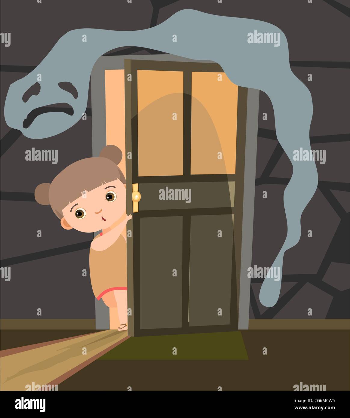 Childhood fear. Girl looks into dark room through an open door. Afraid of ghosts. Illustration for kids. Background Vector Stock Vector