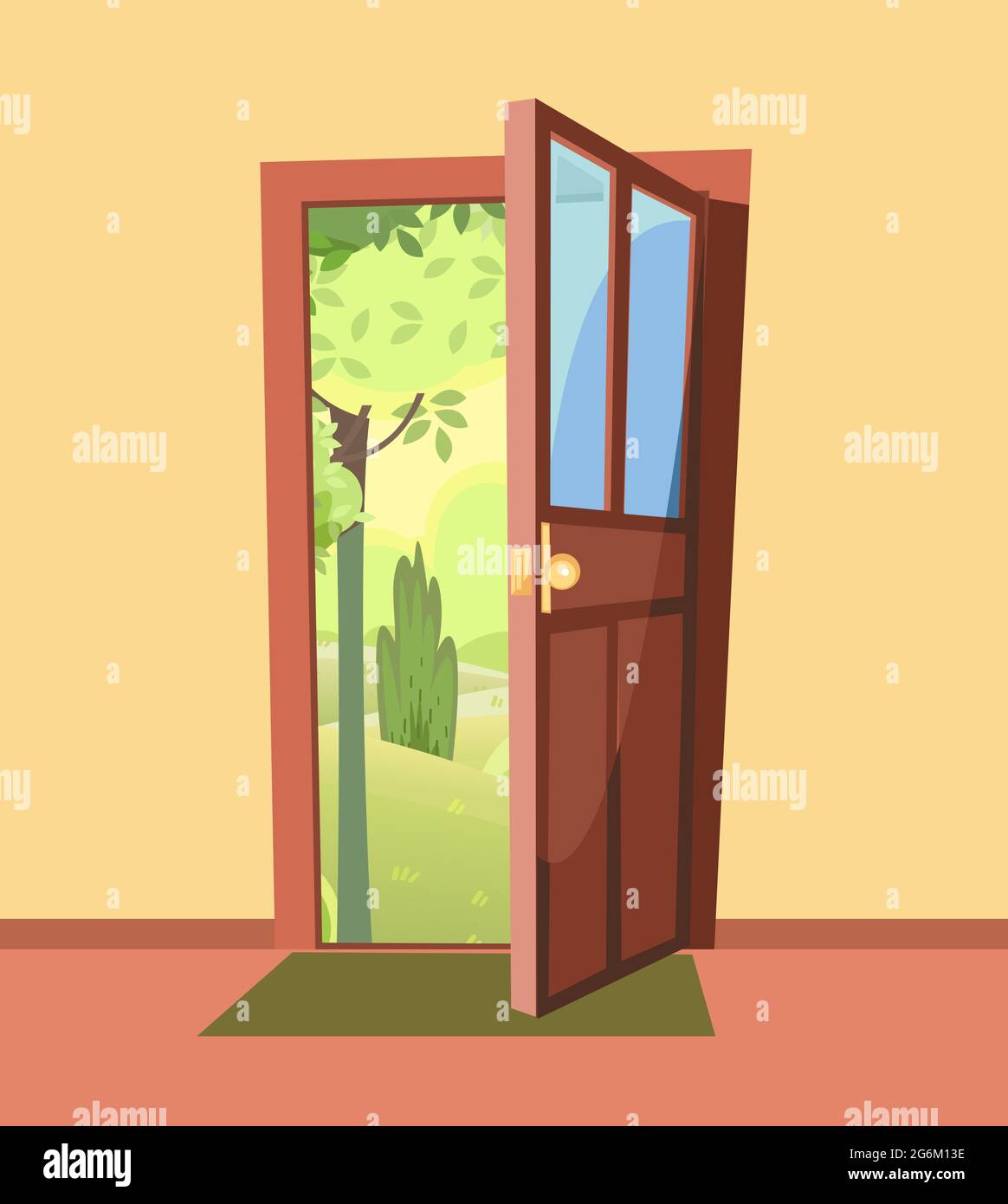 Opened Door From Inside Of Room At Home Summer Trees Landscape View Yellow Wall Way Is Open Cartoon Cute Fairy Tale Design Image Background Stock Vector Image Art Alamy