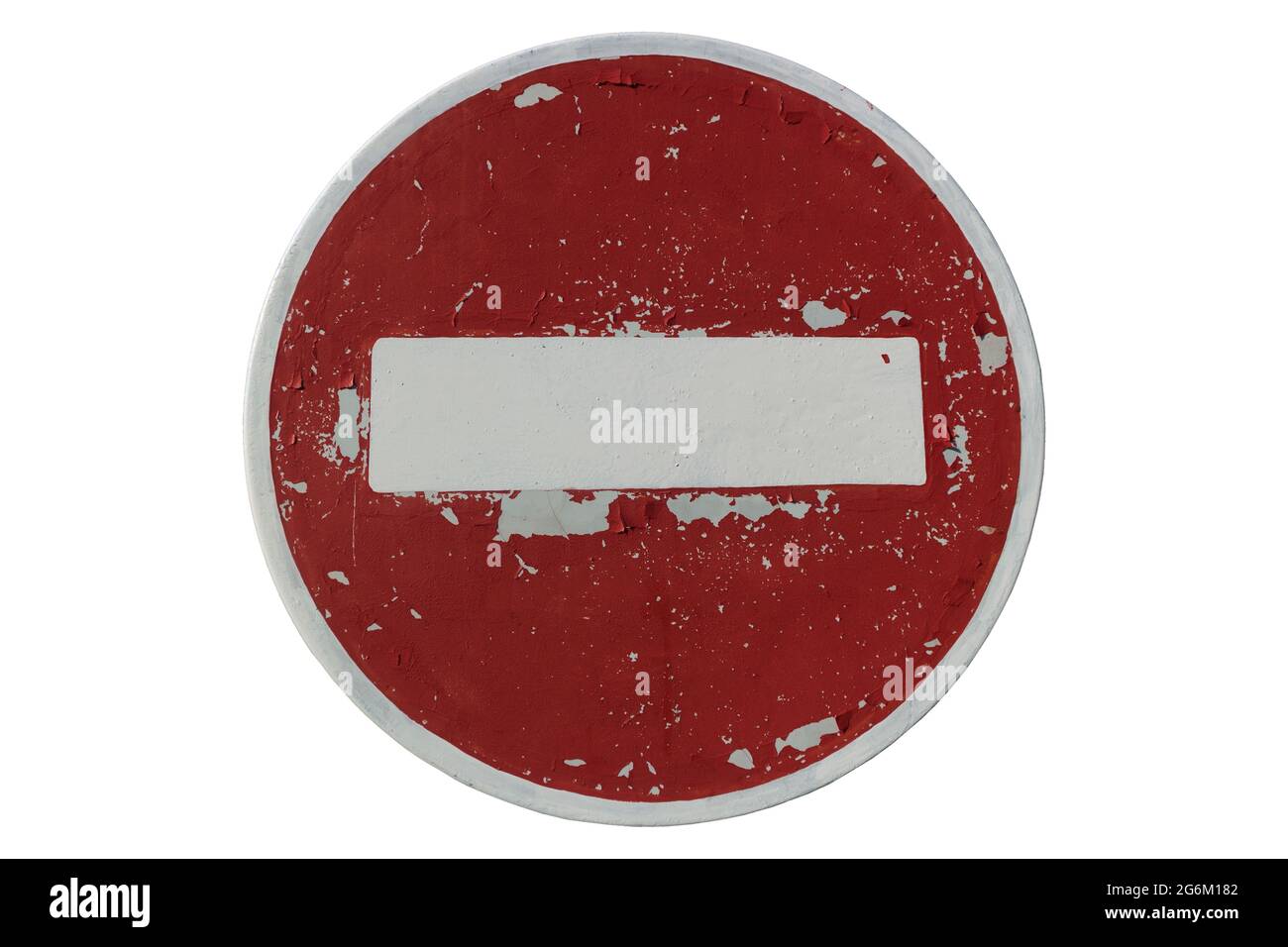 Old weather-stained round red road sign 'No entry' isolated on white ...