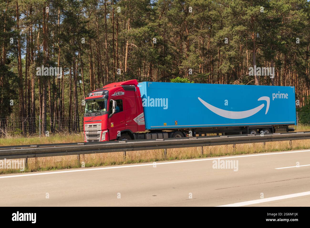Germany , 14.06.2021 , Lübbenau , A truck with a trailer from Amazon Prime Stock Photo