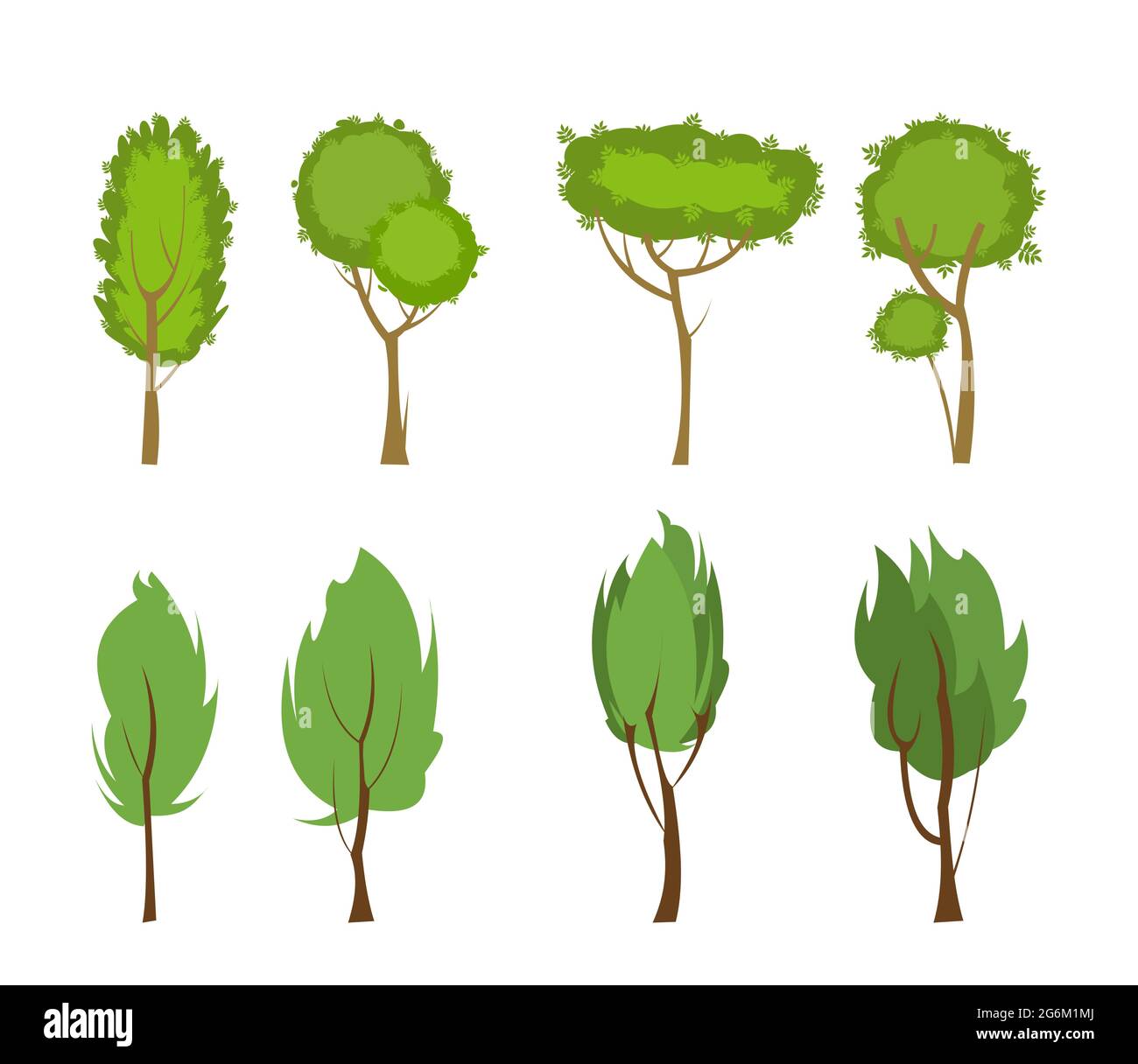 Set of trees. Adult and young green plants. Objects are isolated on a white background. Beautiful thin and graceful. Flat style. Cartoon design Stock Vector