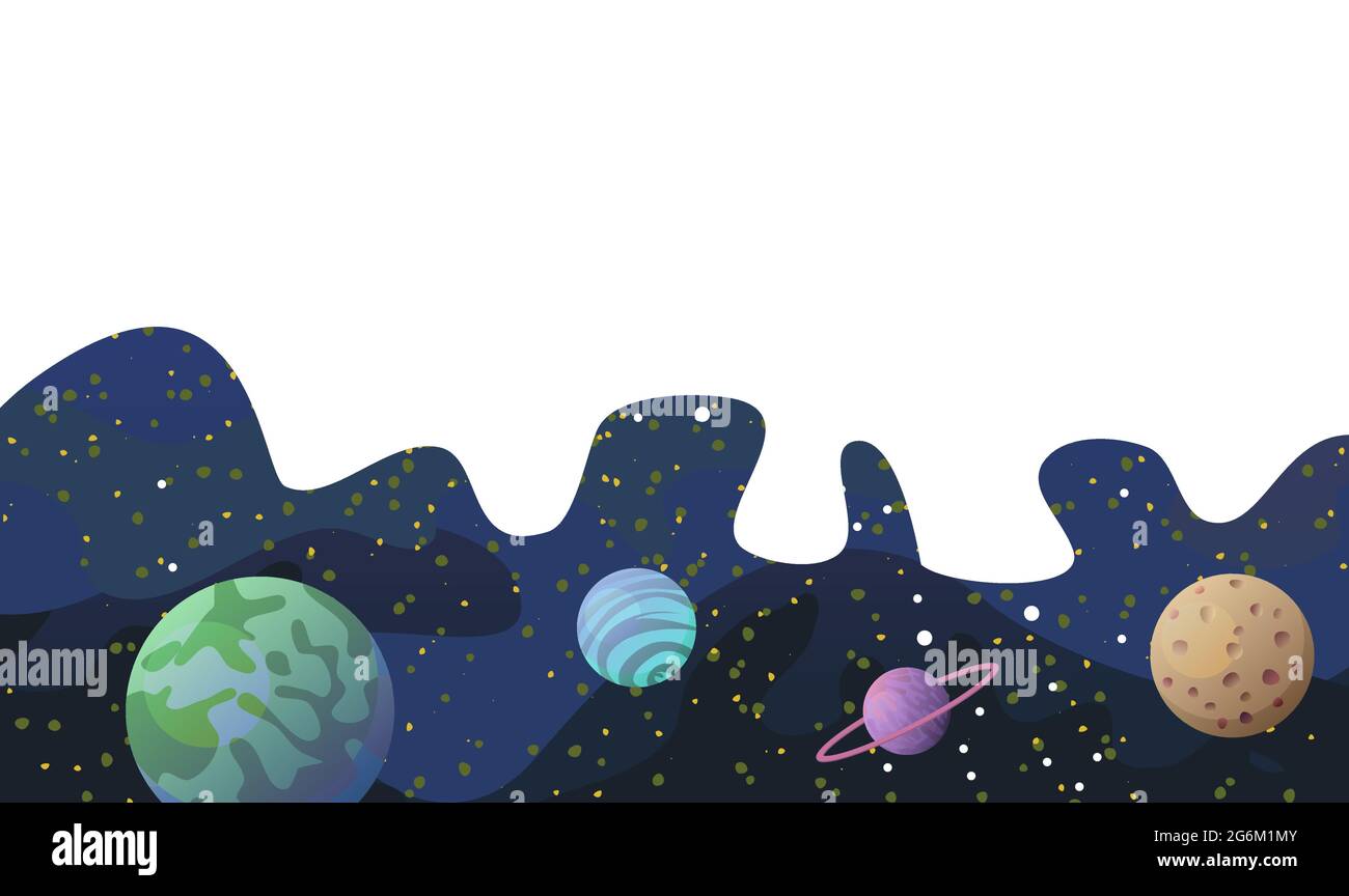 Cosmos background. Starry sky landscape. Bottom frame. Planets and their satellites. Flat style. Cartoon design. Vector Stock Vector