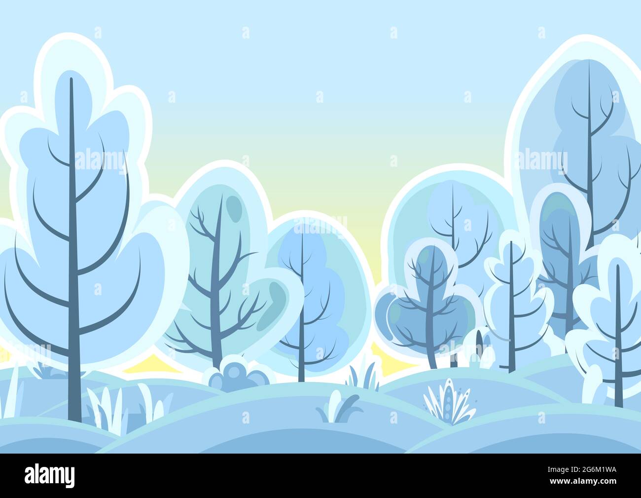 Flat winter forest. Beautiful frosty landscape with snow covered trees. Sunrise. Illustration in simple symbolic style. Funny scene. Comic cartoon Stock Vector