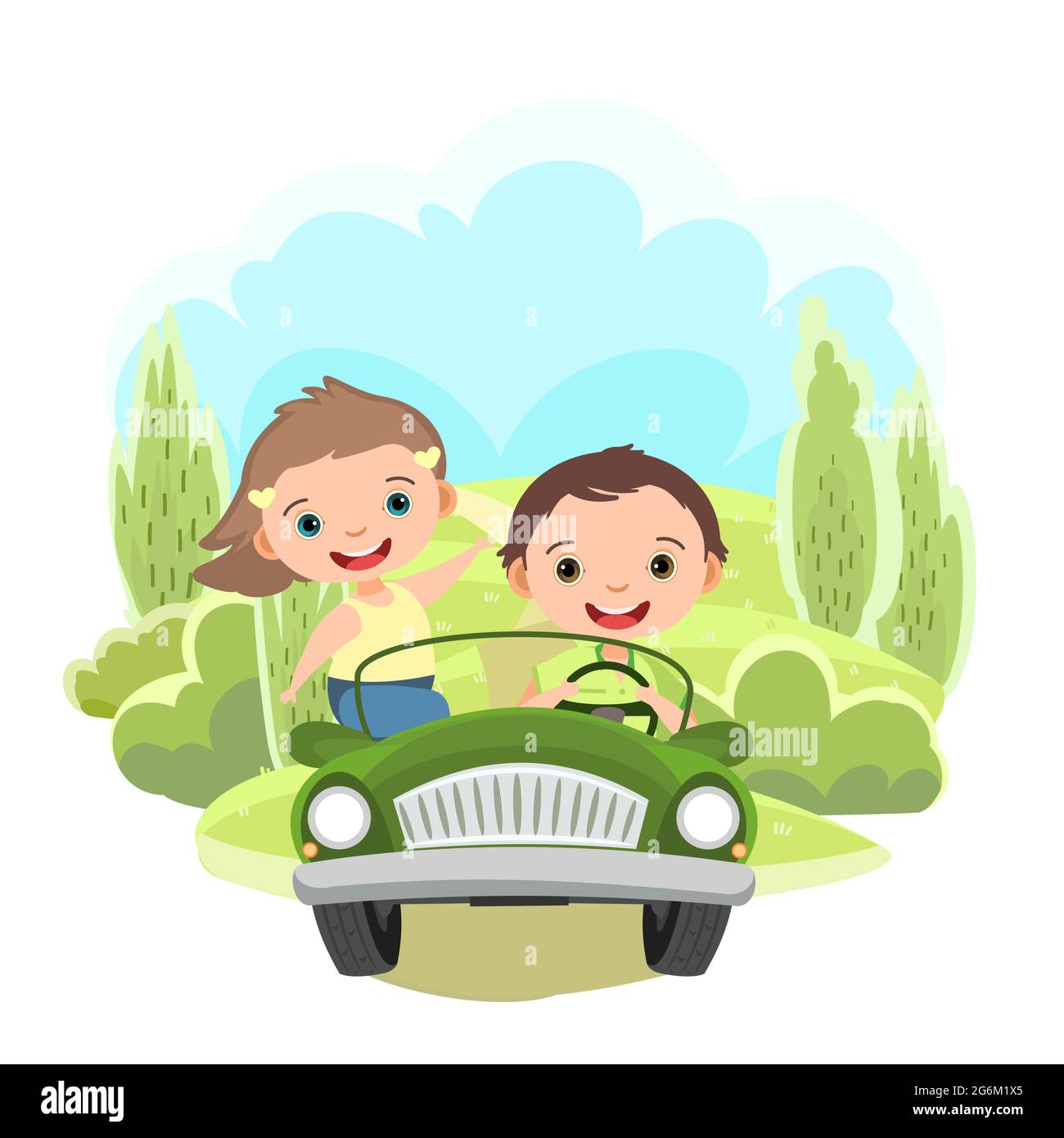 Childrens trip in a small car. Kid drives a pedal or electric toy automobile. Cartoon illustration. Isolated. Summer rural green landscape. Vector Stock Vector