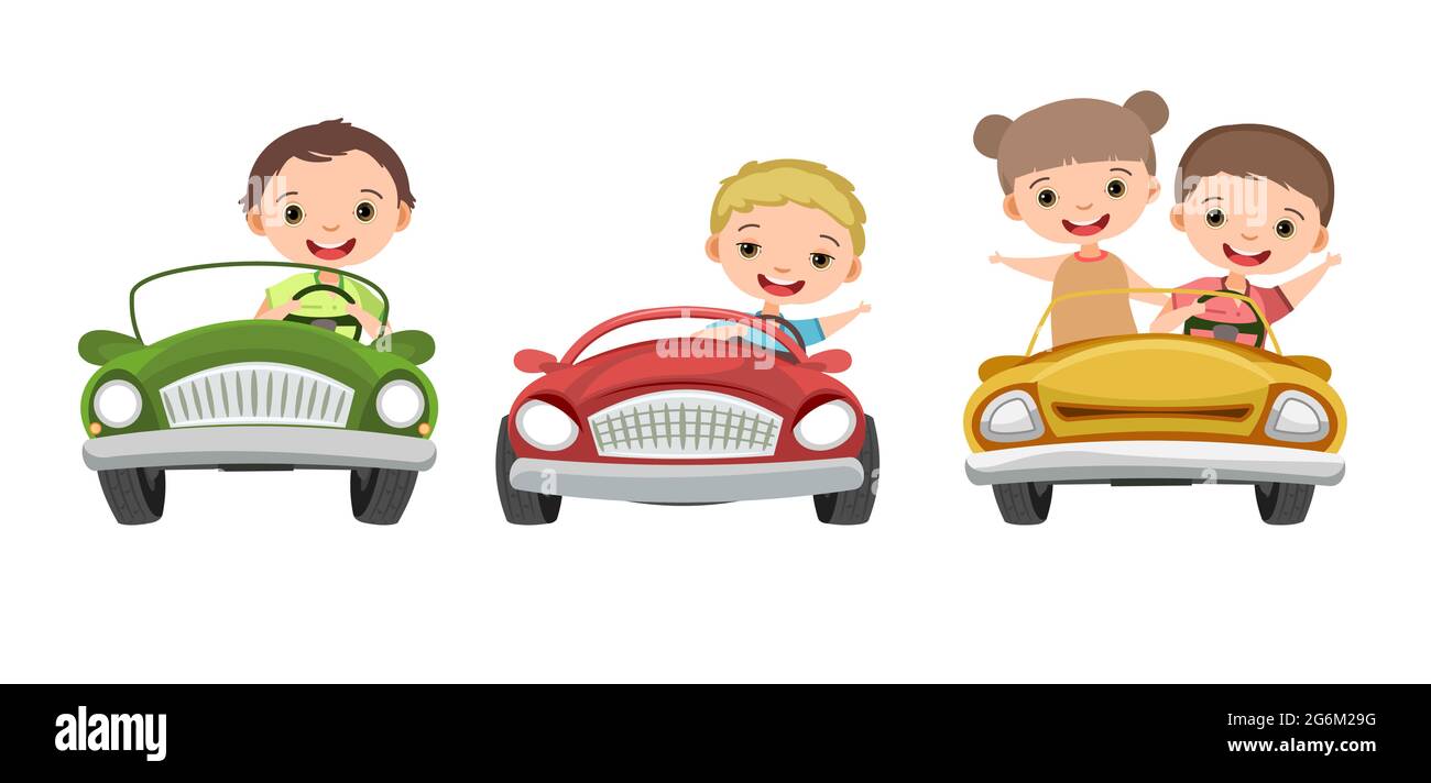 Set. Children drive a car. Kids. Boys and girl. Childrens pedal or