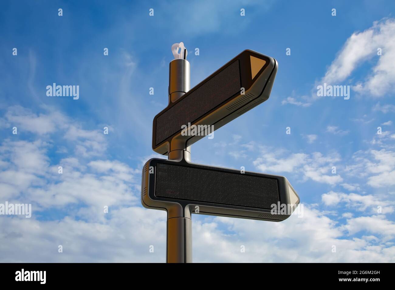 Modern digital sign post. Moves to direction to point and displays information as text and images, Stavanger, Norway. Stock Photo