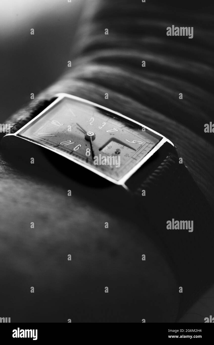 vintage oblong windup mechanical swiss wristwatch Stock Photo