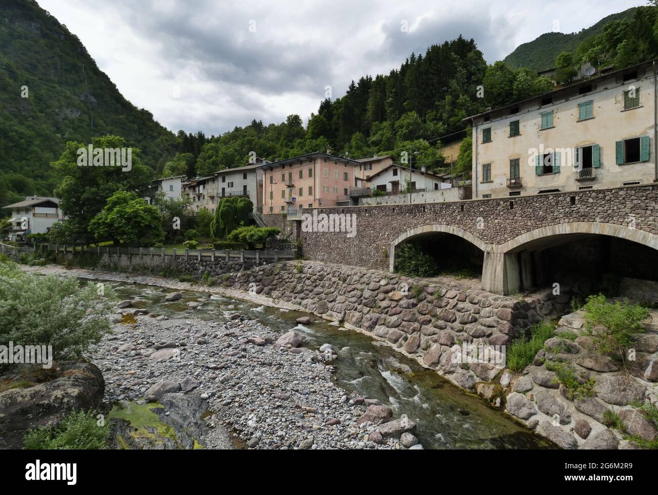 View of the small town of the Cassiglio 113 inhabitants in Brembana Valley Bergamo, Italy Stock Photo