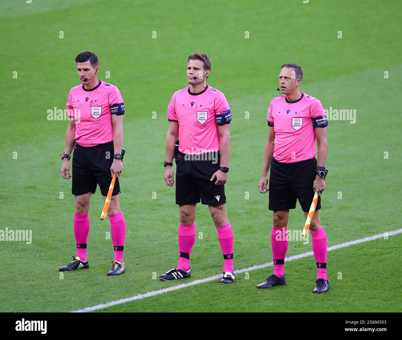 London, England, 6th July 2021. Referee Paul Brych (c) and assistants Mark Borsch and Stefan Lupp during the UEFA Euro 2020 match at Wembley Stadium, London. Picture credit should read: David Klein / Sportimage Stock Photo