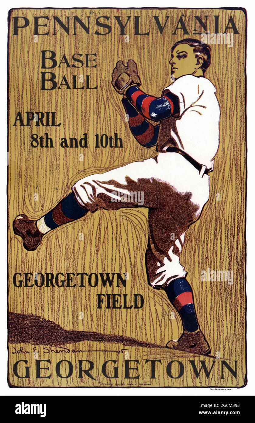 Pennsylvania vs. Georgetown, Base Ball, April 8th and 10th. Georgetown Field by John E. Sheridan. Restored vintage poster published in 1905 in the USA. Stock Photo