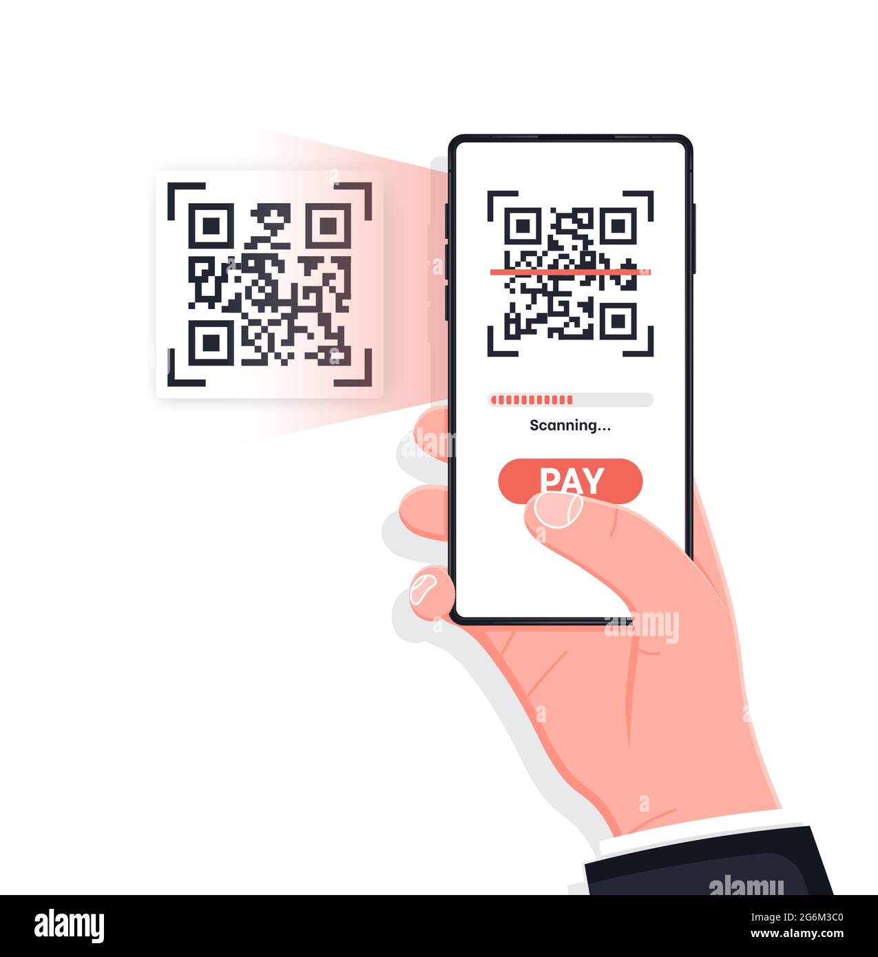 Scanning QR code with mobile smart phone. Isolated on white background. Qr code payment, E wallet , cashless technology concept. Capture QR code to mo Stock Vector