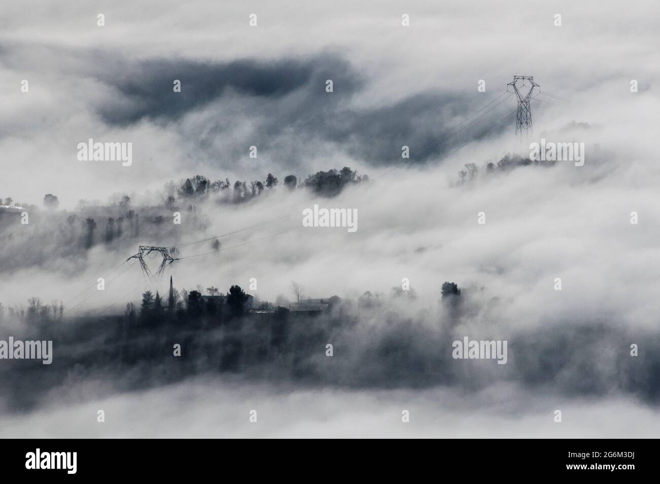 Winter morning fogs seen from Bellmunt Sanctuary (Osona, Barcelona province, Catalonia, Spain, Pyrenees) ESP: Nieblas matinales de invierno en Osona Stock Photo