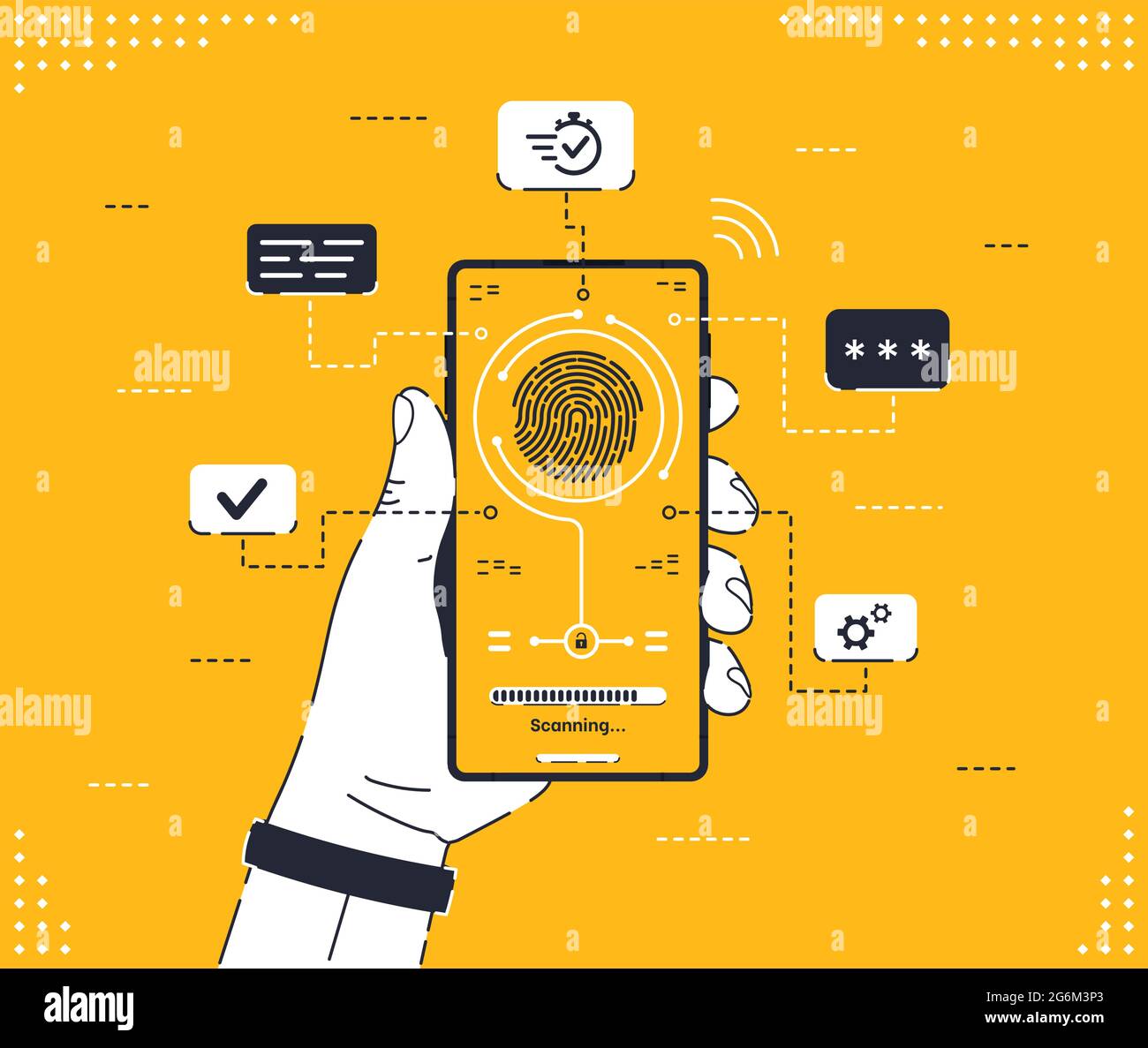 Fingerprint scanning to mobile phone. Human hand holding gadget with