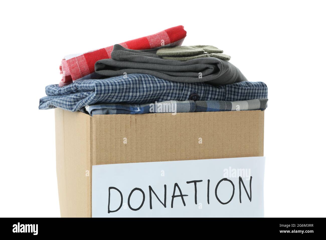Donation box with clothes isolated on white background Stock Photo Alamy