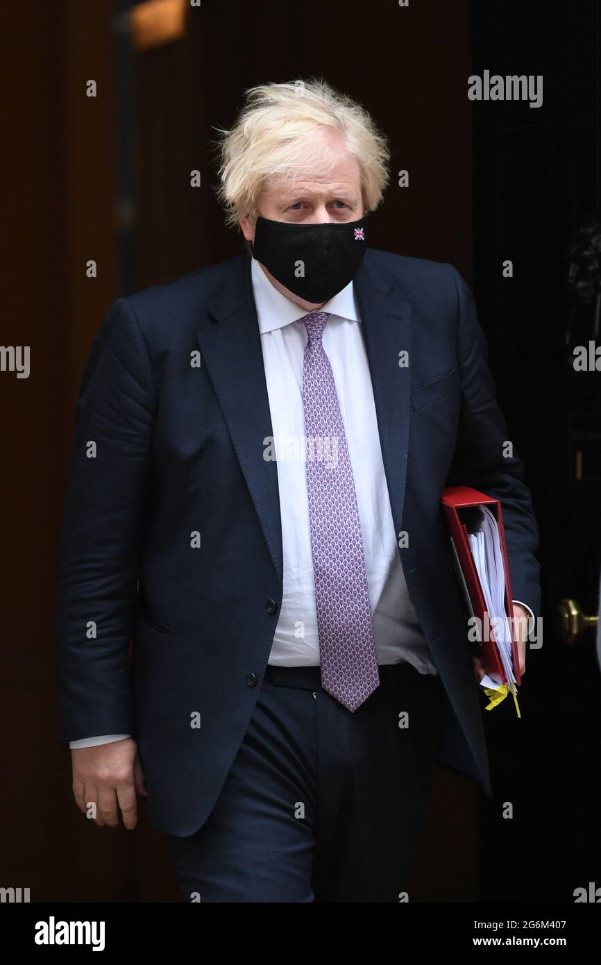 Prime Minister Boris Johnson departs 10 Downing Street, Westminster, London, to attend Prime Minister's Questions at the Houses of Parliament. Picture date: Wednesday July 7, 2021. Stock Photo