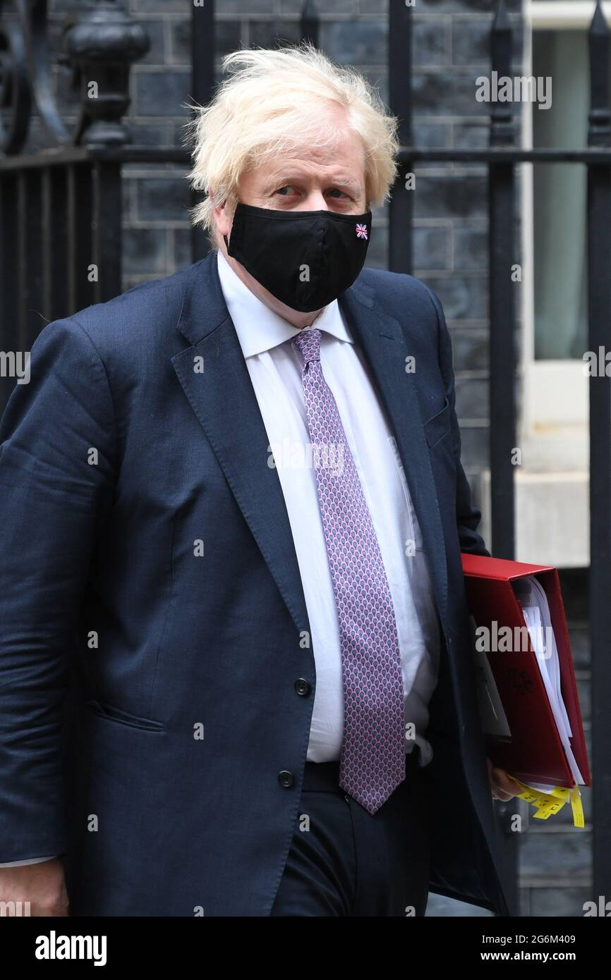 Prime Minister Boris Johnson departs 10 Downing Street, Westminster, London, to attend Prime Minister's Questions at the Houses of Parliament. Picture date: Wednesday July 7, 2021. Stock Photo