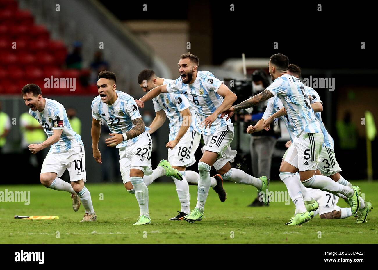 BRASILIA, BRAZIL - JULY 06: Lionel Messi ,Lautaro Martinez and Nicolas Otamendi of Argentina celebrate with teammates winning a Penalty Shootout ,after the Semifinal match between Argentina and Colombia as part of Conmebol Copa America Brazil 2021 at Mane Garrincha Stadium on July 6, 2021 in Brasilia, Brazil. (MB Media) Stock Photo