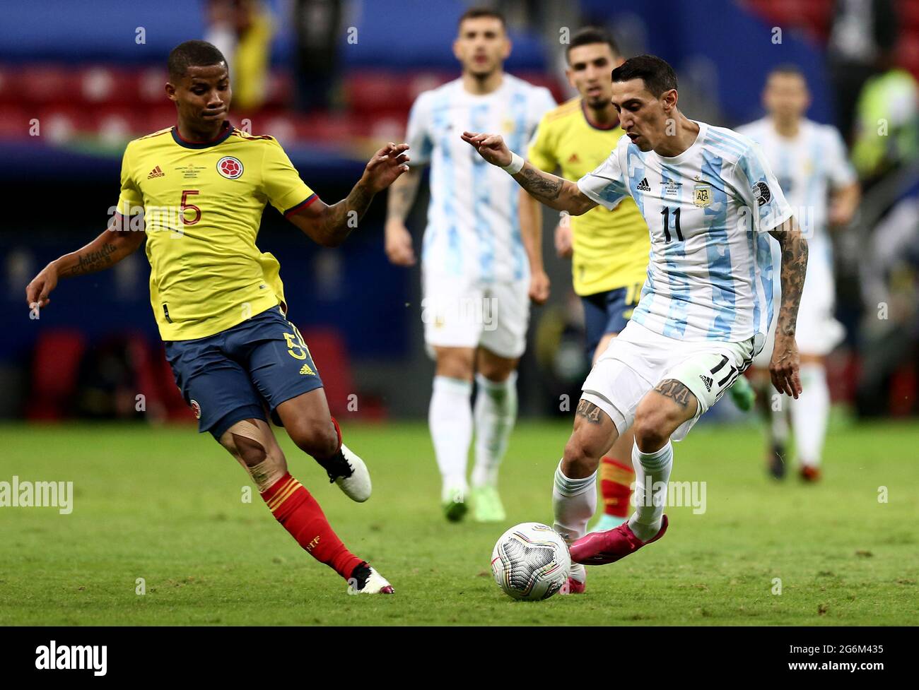 BRASILIA, BRAZIL - JULY 06: Angel Di Maria of Argentina competes for the ball with Wilmar Barrios of Colombia ,during the Semifinal match between Argentina and Colombia as part of Conmebol Copa America Brazil 2021 at Mane Garrincha Stadium on July 6, 2021 in Brasilia, Brazil. (MB Media) Stock Photo