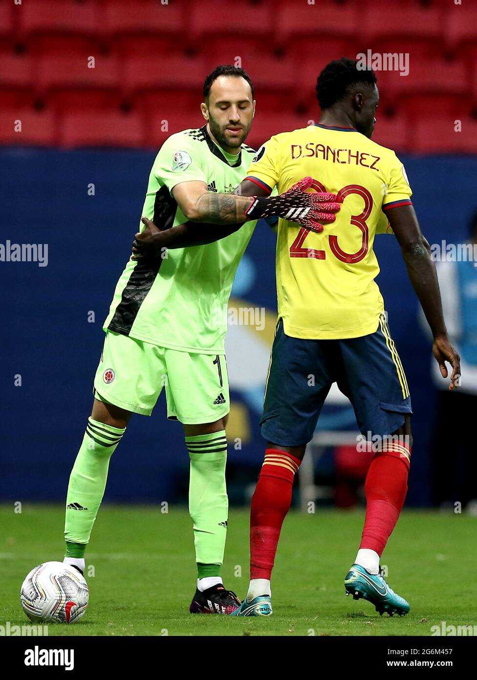 BRASILIA, BRAZIL - JULY 06: Davinson Sanchez with David Ospina Goalkeeper of Colombia after miss his penalty during a penalty shootout ,after a the Semifinal match between Argentina and Colombia as part of Conmebol Copa America Brazil 2021 at Mane Garrincha Stadium on July 6, 2021 in Brasilia, Brazil. (MB Media) Stock Photo