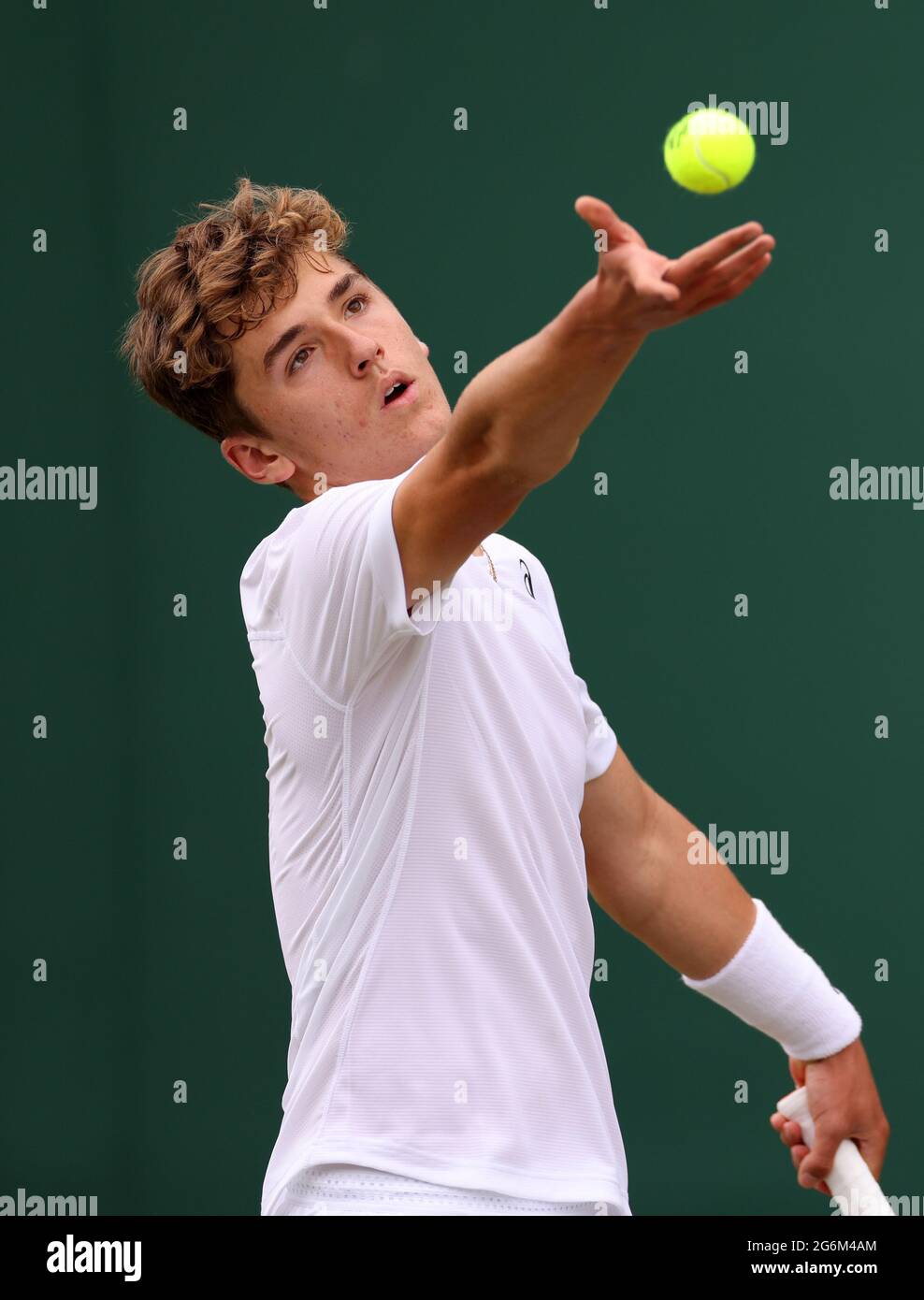 Fabio Nestola in action against Max Westphal on day nine of Wimbledon at  The All England Lawn Tennis and Croquet Club, Wimbledon. Picture date:  Wednesday July 7, 2021 Stock Photo - Alamy