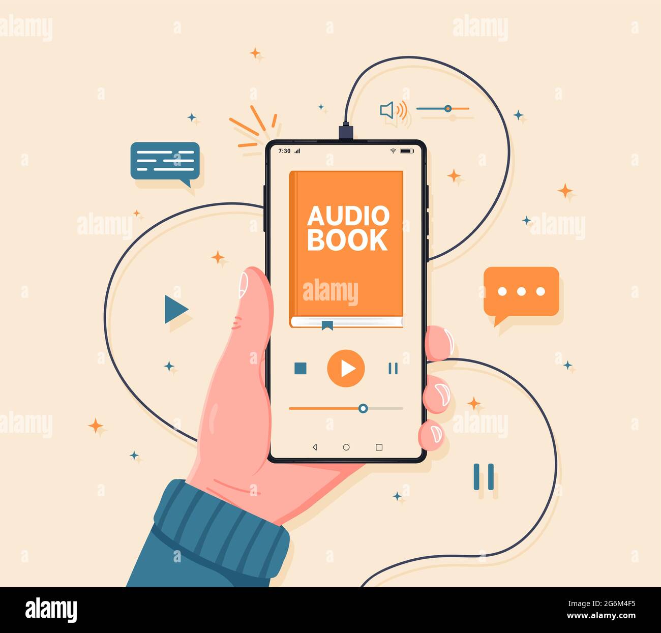 Smartphone in hand with audio book app interface on its screen. Listen literature, e-books in audio format. Distance education e-learning, podcast, we Stock Vector