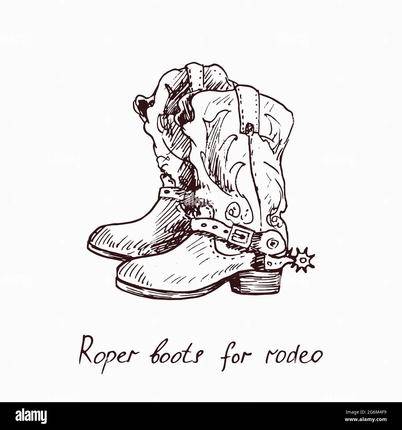 Roper boots for rodeo woodcutstyle ink drawing illustration with inscription Stock Photo Alamy