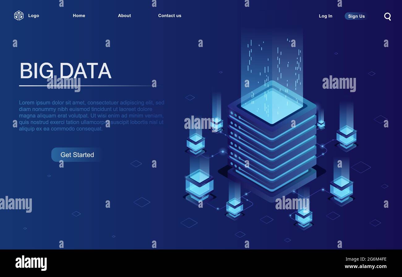 Server. Digital space. Data storage. Data processing center. Great date. Network or mainframe infrastructure website header layout Isometric vector il Stock Vector