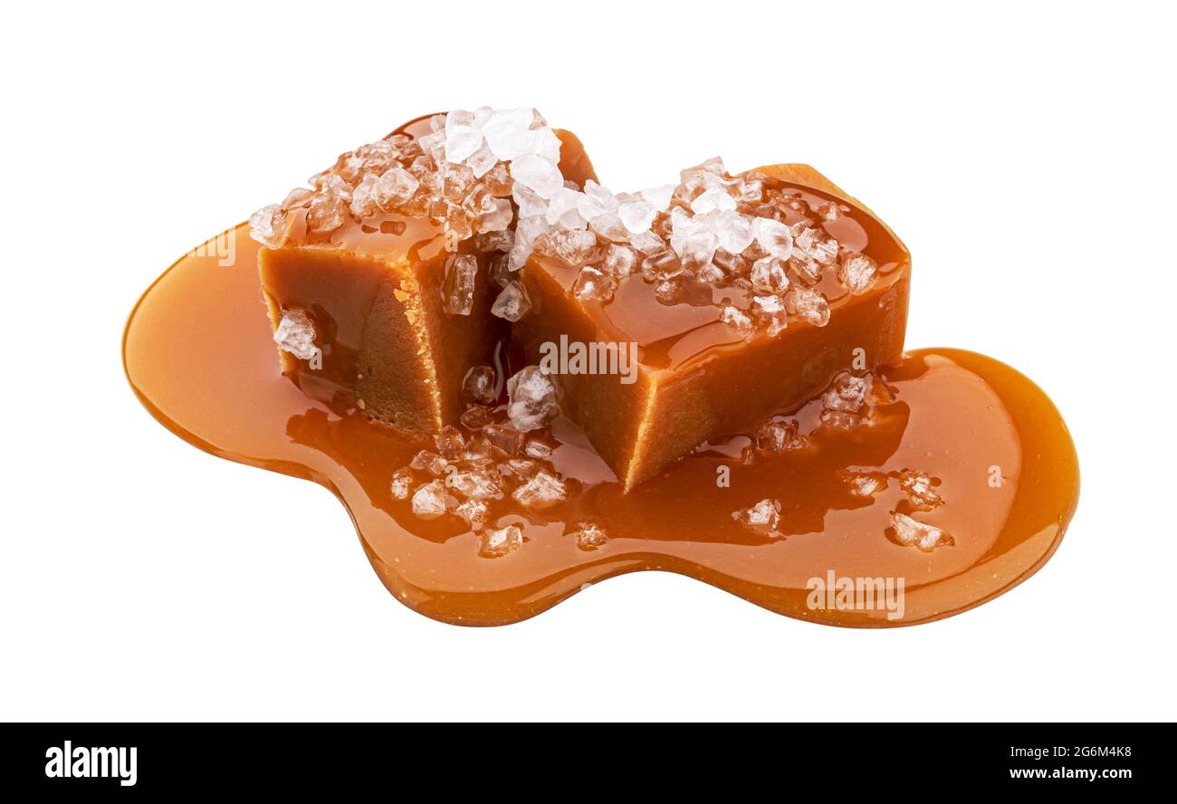 Toffee candies with salt isolated on white background Stock Photo