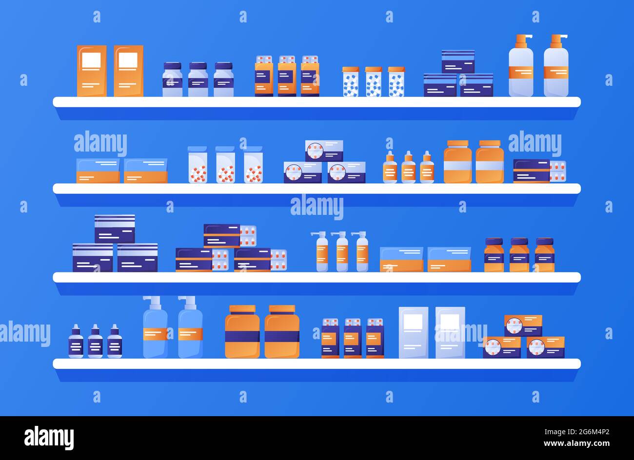 Shelves with medicines. Medication pills capsules bottles of vitamins and tablets. Objects for a pharmacy interior. Vector flat style illustration. Stock Vector