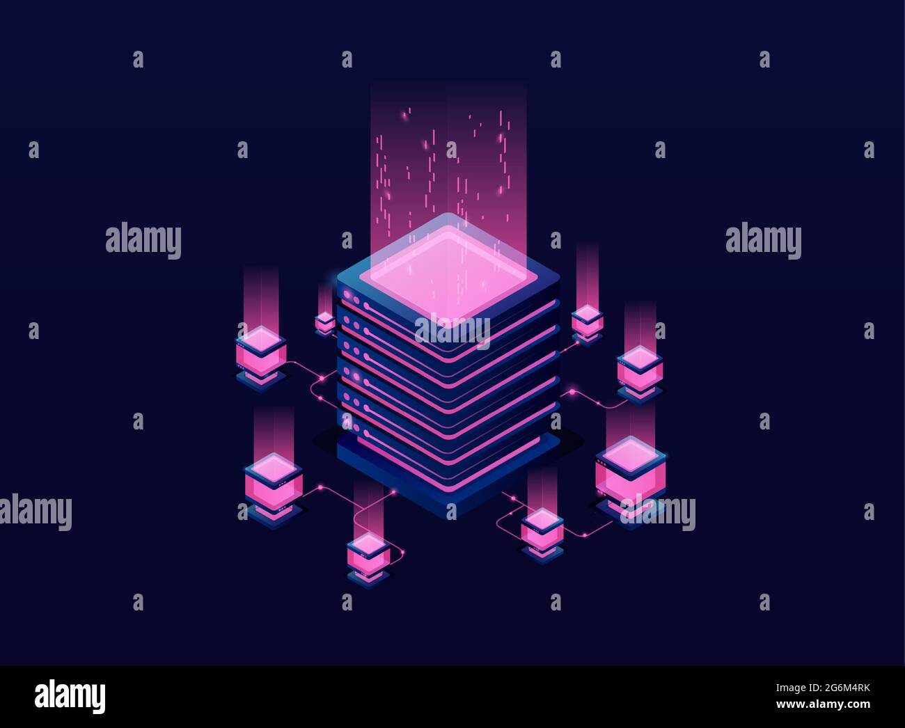 Server. Digital space. Data storage. Data processing center. Great date. Conceptual illustration, data flow. Network or mainframe infrastructure websi Stock Vector