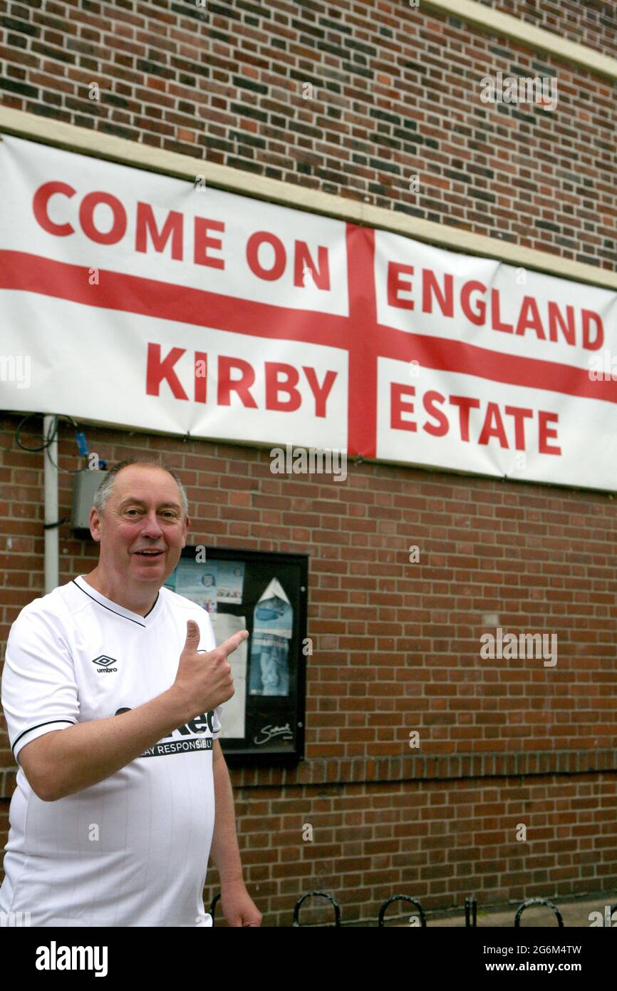 Paul Harpham who came from Nottingham to see the flags on the Kirby Estate in Bermondsey, south London, where residents are showing their support for England ahead of their game against Denmark at Wembley on Wednesday evening in the second semi-final of Euro 2020. Picture date: Wednesday July 7, 2021. Stock Photo