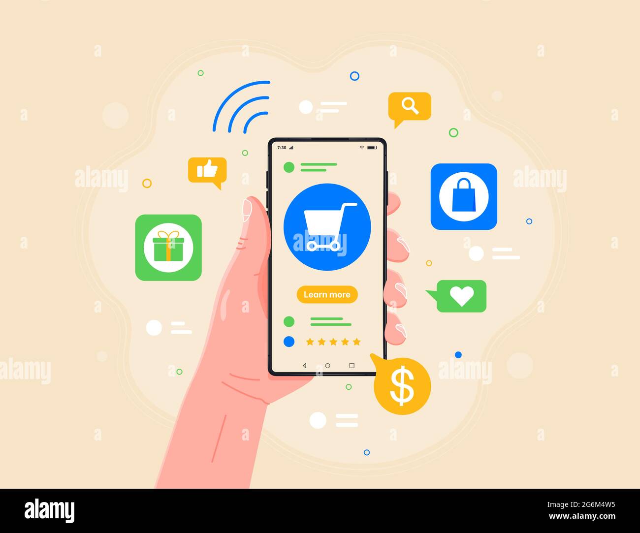 Buying from home vector illustration. Male hand holding smartphone with