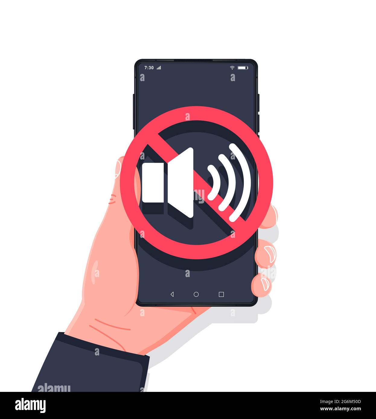 Hand holding smartphone sound off. No sound sign for mobile phone. Volume off or mute mode sign for smartphone. Please silence your mobile phone, smar Stock Vector