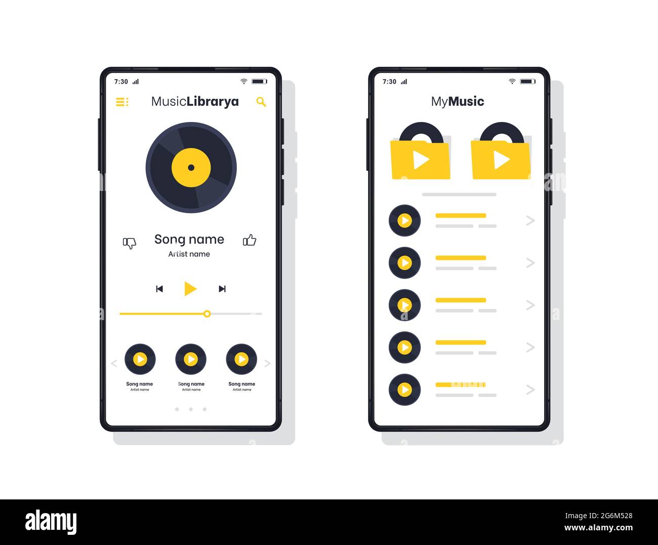 Music Player. Yellow music player and tracks UI, UX, GUI screen for mobile apps design. Modern responsive user interface design of mobile applications Stock Vector