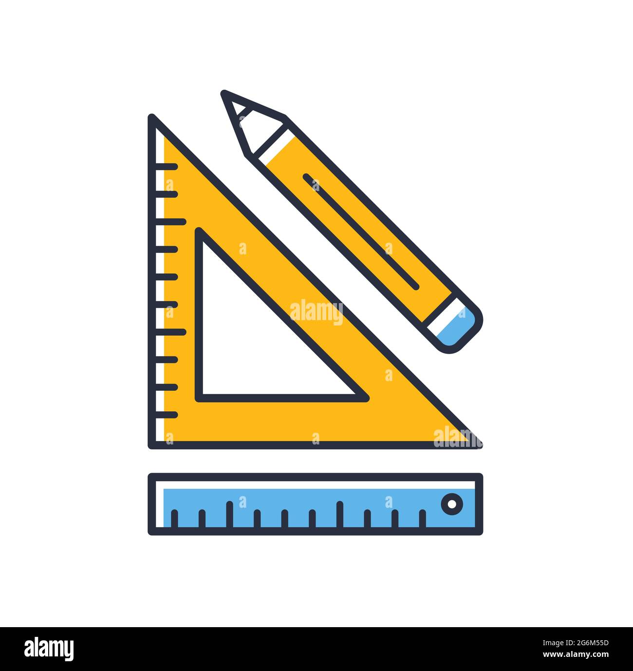 Drawing, Ruler, Pencil, Colored Flat Illustration. Stock Vector