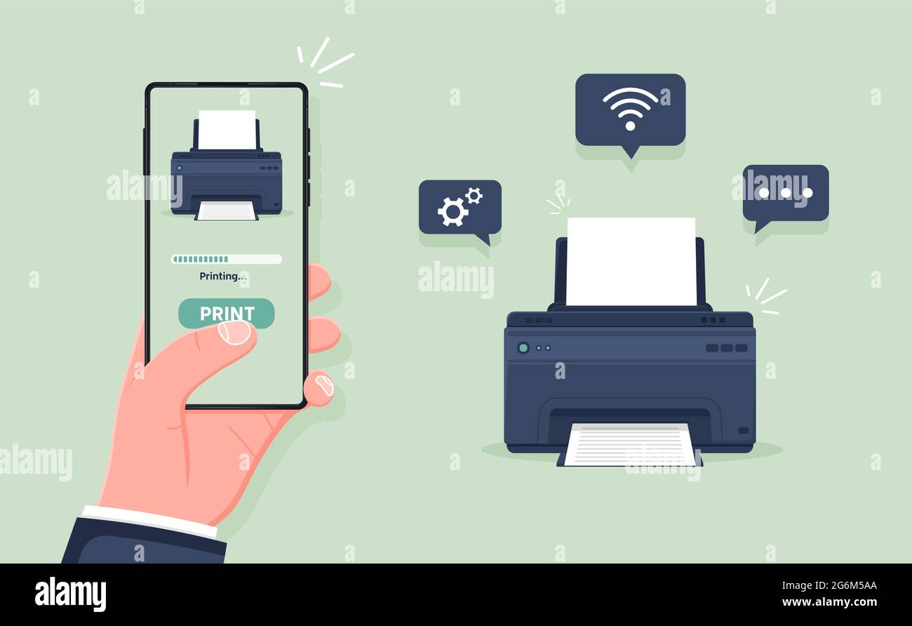 Mobile wireless print. Printer wirelessly printing document from smartphone. Air print on fax ink using wifi, bluetooth, connection. Flat carto Stock Vector Image & Art - Alamy