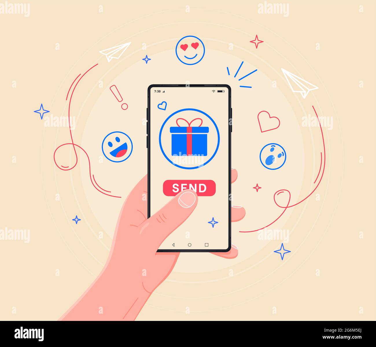 Application gift page on smartphone screen. Hand hold smartphone, touch finger login button. Mobile account. Modern concept for web banners, websites, Stock Vector