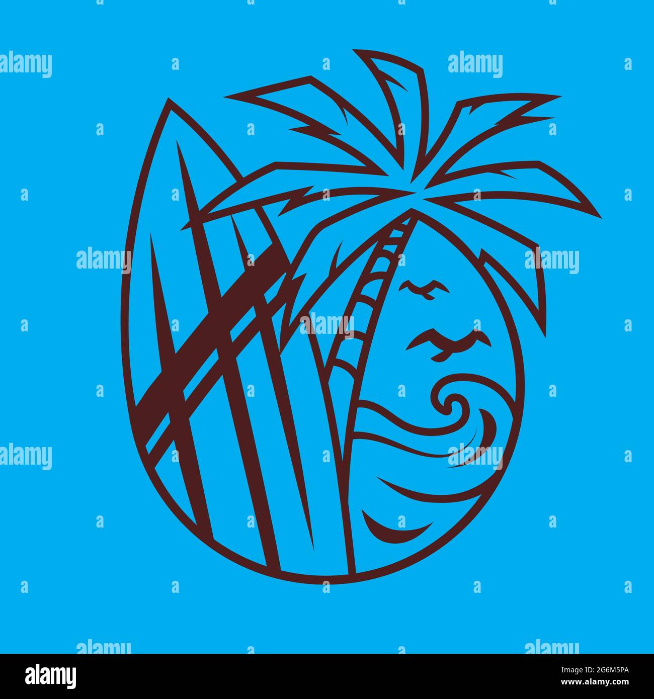 Surfboard with palm tree. Surfing concept art in monochrome style Stock
